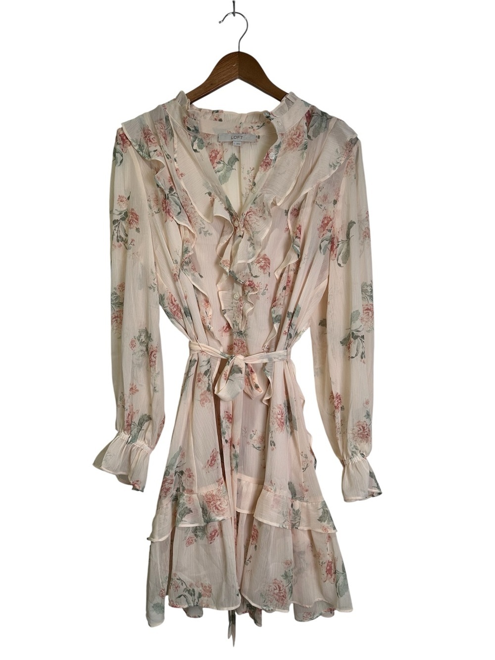 Loft Women’s L Blush Pink Sheer Floral Ruffle Long Blouson Sleeve Mini Dress
